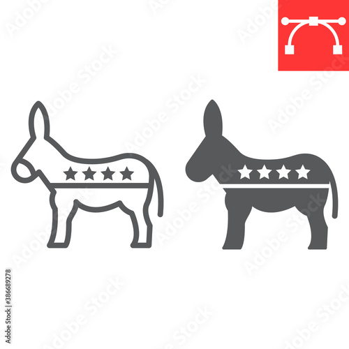 Democratic donkey line and glyph icon, election and democrat, donkey sign vector graphics, editable stroke linear icon, eps 10.