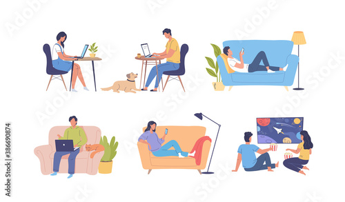 Young people spend time at home cartoon vector illustration set
