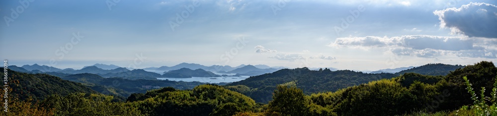 Panorama view of the Seto Inland Sea as seen from mountain in Fukuyama city