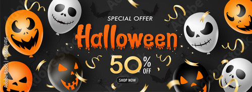 Halloween sale promotion  banner template ,scary balloons, bat,spider, isolated  on black   background, text special offer, fifty percent off, vector illustration