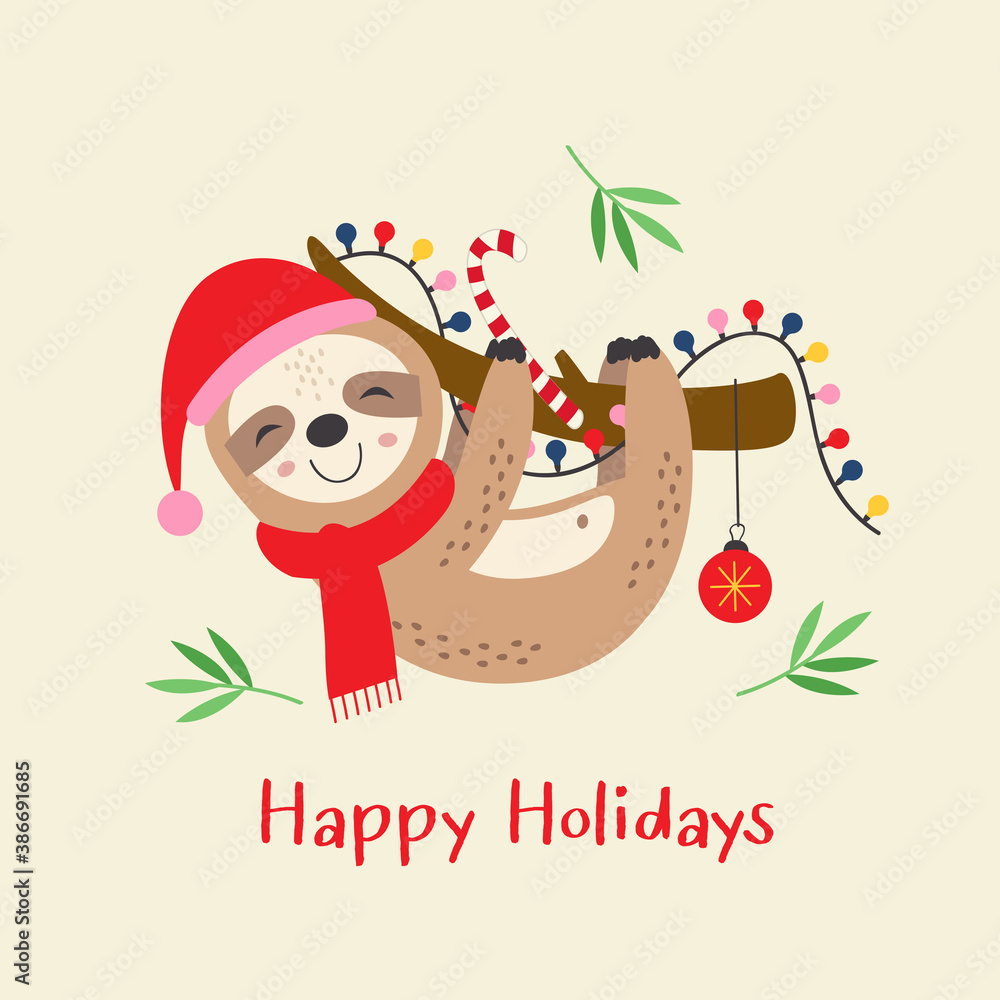 Fototapeta premium Christmas card with cute sloth