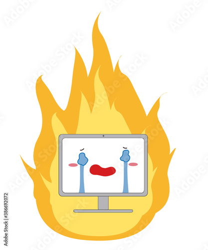 炎上して号泣している顔つきのパソコン