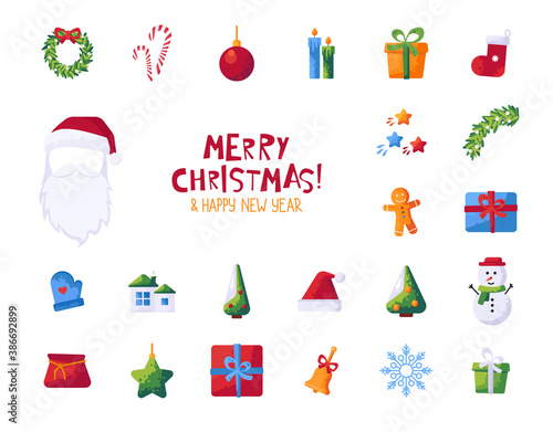 Set of Christmas elements in flat style. Holiday clip art for xmas design. Christmas stickers