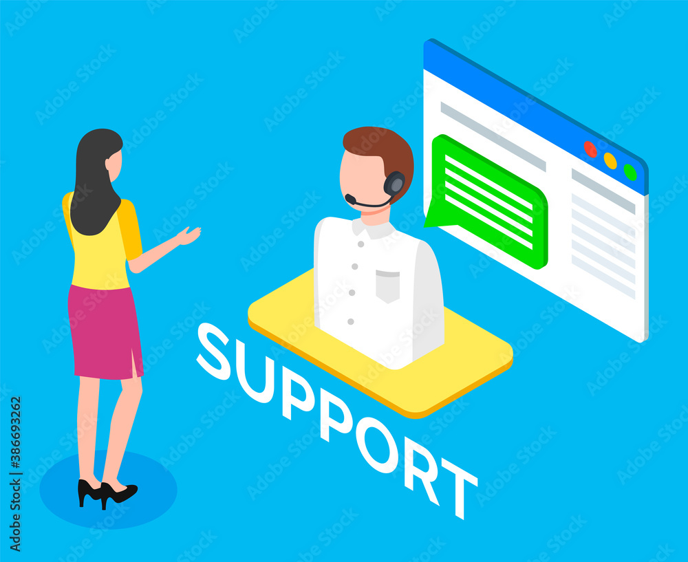 Online customer support at site. Woman client talking with operator of hotline. Tech support of website. Avatar of man with microphone and dialogue cloud. Isometric 3d characters in flat style Online customer support at site. Woman client talking with operator of hotline. Tech support of website. Avatar of man with microphone and dialogue cloud. Isometric 3d characters in flat style