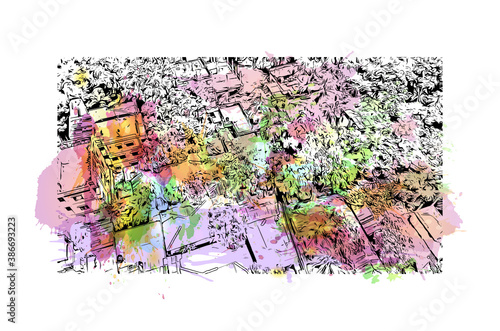 Building view with landmark of Bogra, officially known as Bogura, is a major city in Bangladesh. Watercolor splash with hand drawn sketch illustration in vector.