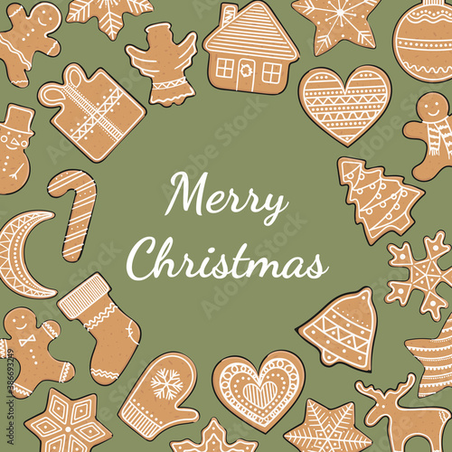 Frames with gingerbread cookies. Christmas elements for winter holidays