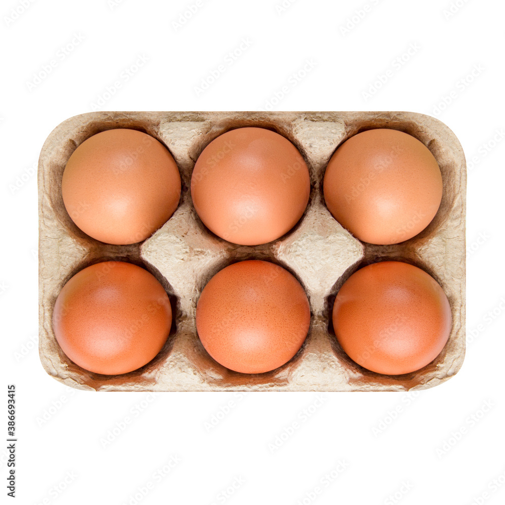 Packing, box of brown, beige eggs isolated on white background. top view, 6 pieces. Packing, box of brown, beige eggs isolated on white background. top view, 6 pieces.