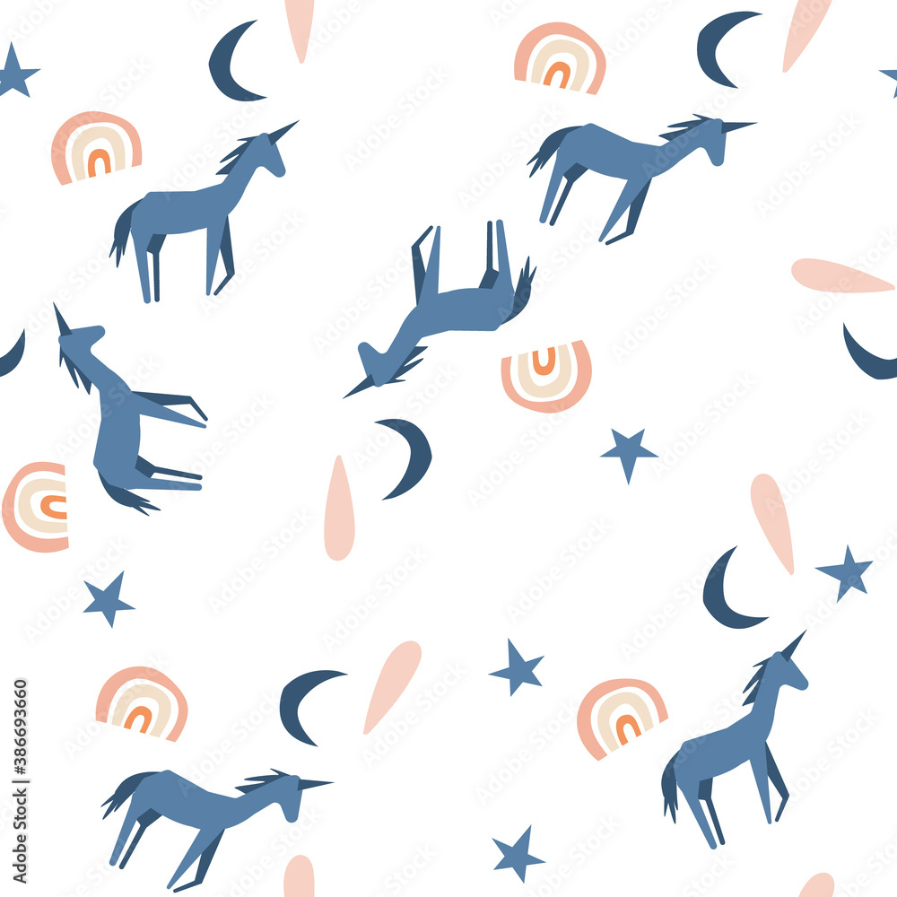 Seamless childish pattern with hand-drawn rainbow, mooon, unicorn, and star vector illustration. Good for kids theme, fabrix, textile, stationary, card, wallpaper. Seamless childish pattern with hand-drawn rainbow, mooon, unicorn, and star vector illustration. Good for kids theme, fabrix, textile, stationary, card, wallpaper.