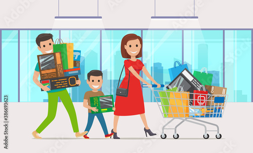 Family shopping, father, son and mother with purchases after shopping mall, woman with cart full of goods, supermarket or store, parents with child bought a lot of things, indoors, walking people