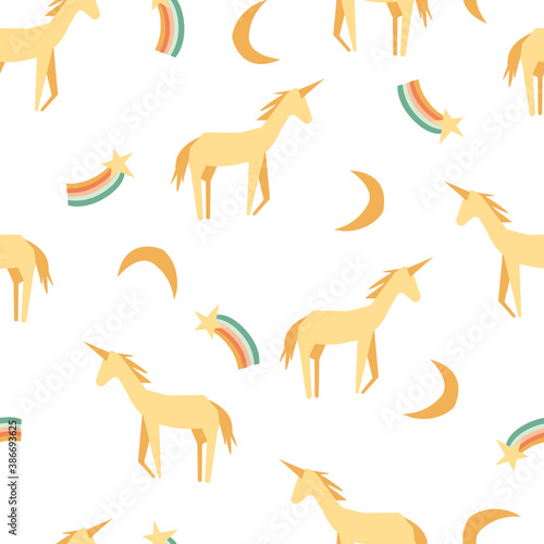 Seamless childish pattern with hand-drawn rainbow, unicorn vector illustration. Good for kids theme, fabrix, textile, stationary, card, wallpaper. photo