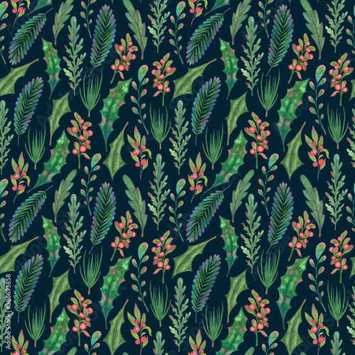 Endless pattern of watercolor Christmas plants.
