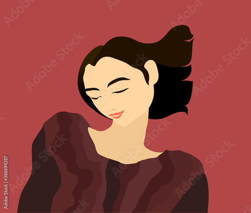 flat illustration of a shy girl in a dark red sweater with flying hair in the wind

