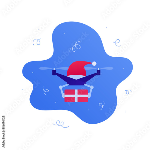 Holiday gift drone package delivery service concept. Vector flat illustration. Flying unmanned robot in santa claus hat holding giftbox. Design element for christmas and new year banner, web.