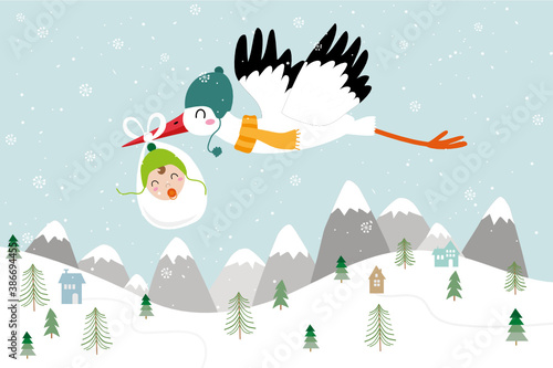 Baby announcement card. baby shower. stork with baby, vector illustration
