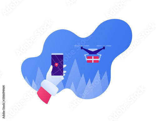 Holiday gift drone package delivery service concept. Vector flat illustration. Flying unmanned robot holding giftbox. Hand in santa claus glove with smartphone. Design for christmas banner, web.