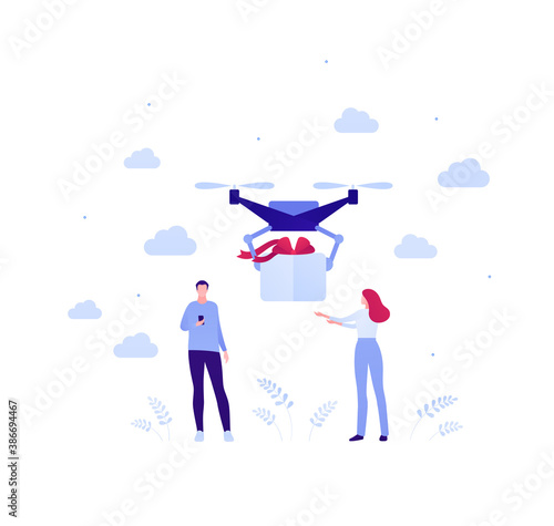 Holiday gift drone package delivery service concept. Vector person flat illustration. Flying unmanned robot holding giftbox give it to woman. Man hold smart phone. Design for birthday banner, web.