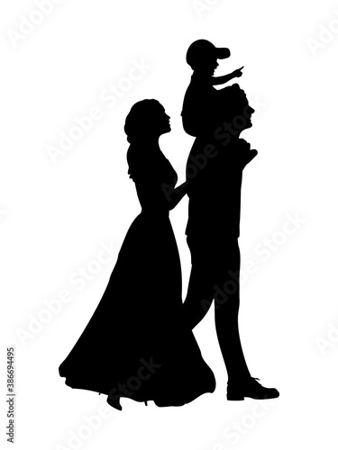 Silhouette happy family mother and father carry son on shoulders