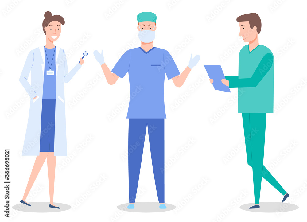 Doctors, medical staff, healthcare medicine concept, woman with magnifying glass, surgeon in mask and gloves, therapist, nurse man with clipboard, medical help, group professional medical specialists