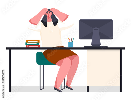 Chaos in office. Office worker with scared holding hands by head. Unorganized woman stressing, confused. Worker failure deadline, make mistake, broken. Businesswoman has heavy day sitting at table