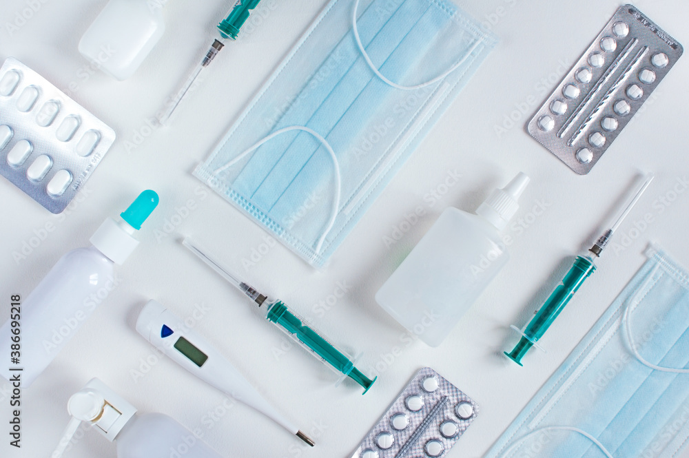 various medical devices on white table. Knolling, flatly various medical devices on white table. Knolling, flatly