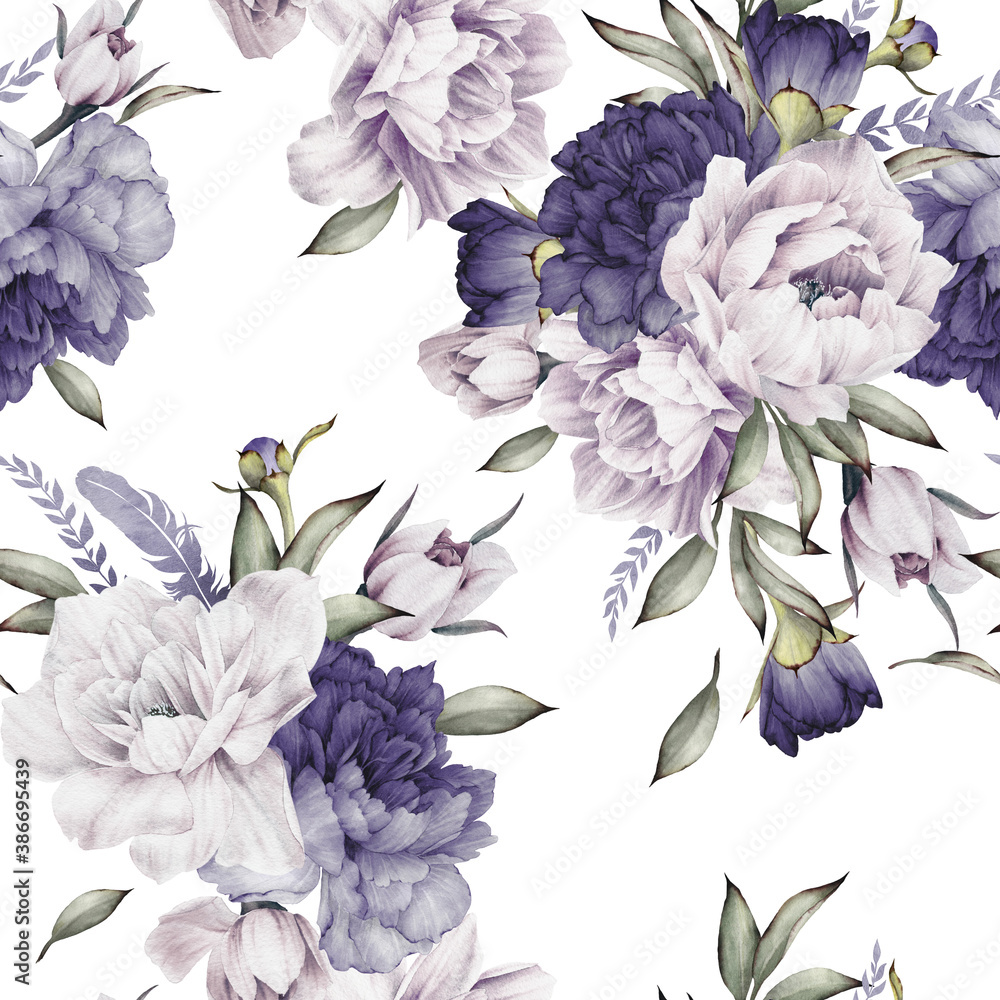 Fototapeta Seamless floral pattern with flowers on summer background, watercolor illustration. Template design for textiles, interior, clothes, wallpaper