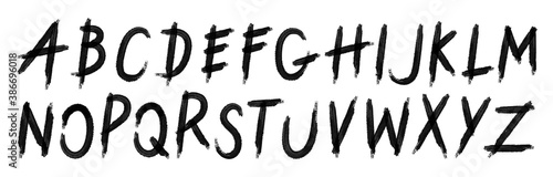 Font of grunge letters. Hand drawn ink alphabet. Grunge scratch type font. Decorative font for books, posters, postcard, typography. Vector.