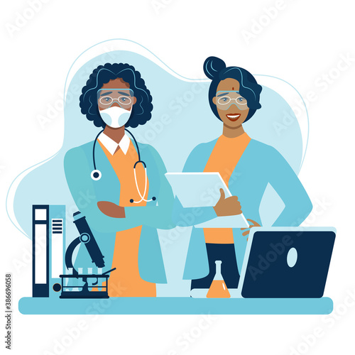 International Day of Women and Girls in Science February 11 vector illustration. Four female scientists of different nationalities conducting research.Flat design for social media, poster, banner. 