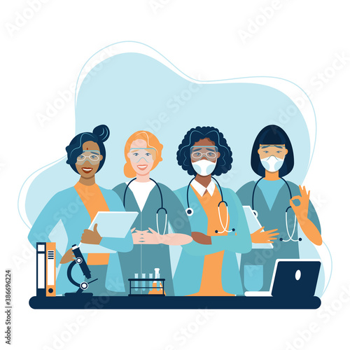 International Day of Women and Girls in Science February 11 vector illustration. Four female scientists of different nationalities conducting research.Flat design for social media, poster, banner. 