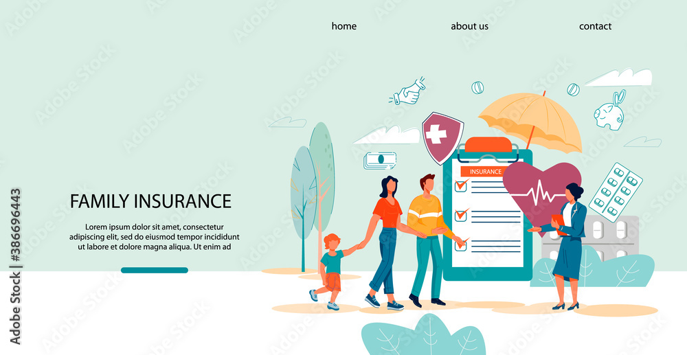 Family health and life insurance website template with happy family and insurance agent, flat vector illustration. Healthcare insurance policy and medical savings plan landing page interface. Family health and life insurance website template with happy family and insurance agent, flat vector illustration. Healthcare insurance policy and medical savings plan landing page interface.