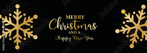 card or banner on "Merry Christmas and Happy New Year" in gold with gold colored snowflakes on a black background