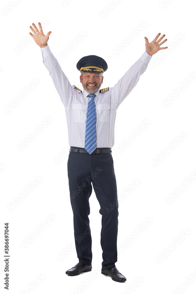 Airline pilot with arms raised Airline pilot with arms raised