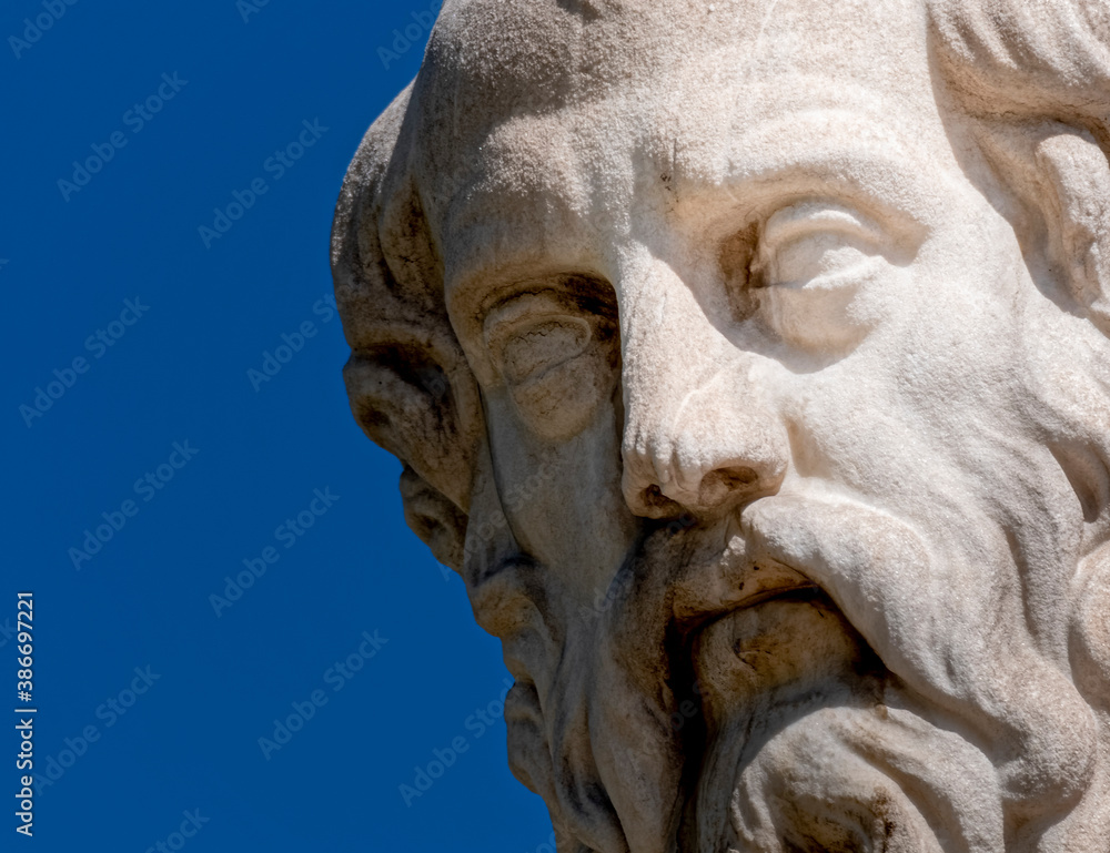 Plato portrait, the famous ancient thinker and philosopher, detail of marble statue in Athens Greece