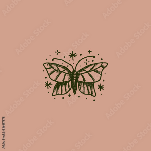 Boho magical vintage butterfly minimal logo sketch