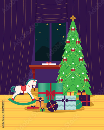 Decorated Christmas tree with gifts. Merry Christmas and New Year elements. Indoor interior. Colorful vector illustration.