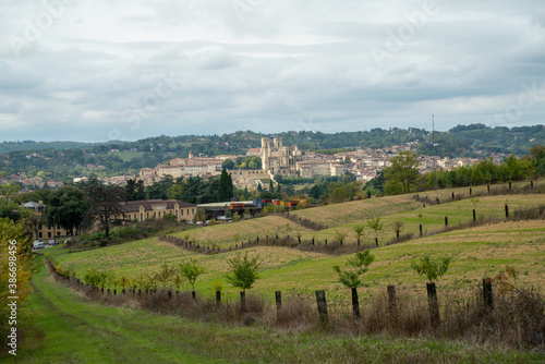  Landscape of the city of Auch  in France  in the distance its cathedral  in front  the countryside  under an overcast sky