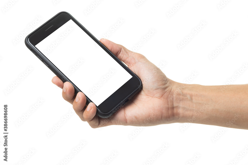 Hand man holding mobile smartphone with blank screen isolated on white background with clipping path Hand man holding mobile smartphone with blank screen isolated on white background with clipping path
