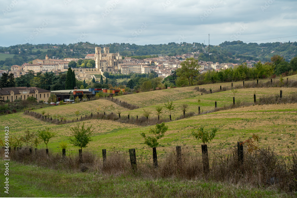 
Landscape of the city of Auch, in France, in the distance its cathedral, in front, the countryside, under an overcast sky