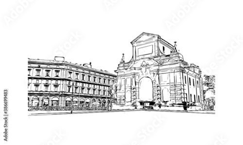 Building view with landmark of Bologna is the capital and largest city of  Northern Italy. Hand drawn sketch illustration in vector.