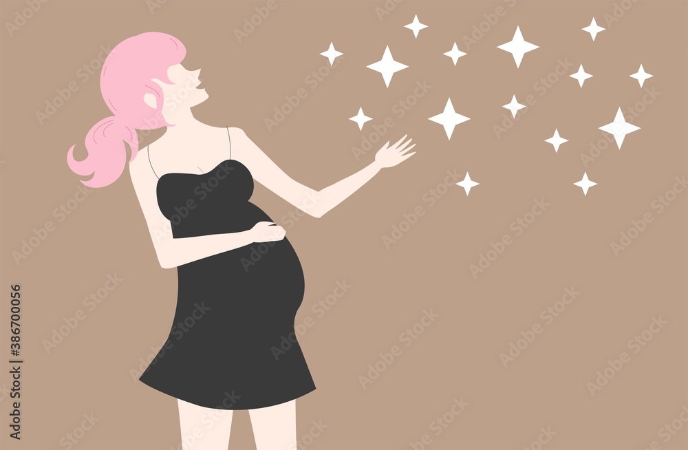 Elegant pregnant woman wearing a beautiful black dress with straps. She's wearing medium length hair in a ponytail. She's happy, relaxed and enjoying party. Her hand is reaching for stardust. Elegant pregnant woman wearing a beautiful black dress with straps. She's wearing medium length hair in a ponytail. She's happy, relaxed and enjoying party. Her hand is reaching for stardust.