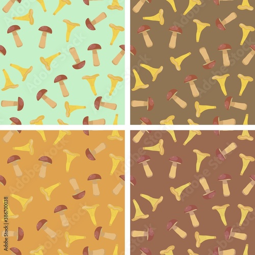 Cute Seamless Mushroom Pattern. Bay bolete (imleria badia) and golden chanterelle (cantharellus cibarius). Perfect for your wallpaper, fabric, website. 