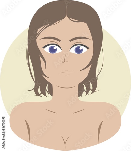 Portrait of girl with wet (or oily) hair. She has short brown hair and big dark blue eyes. She's a little surprised and doesn't look happy.