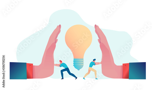 Business team resists blocking or stealing ideas.  Flat vector illustration. Metaphor for protecting intellectual property rights