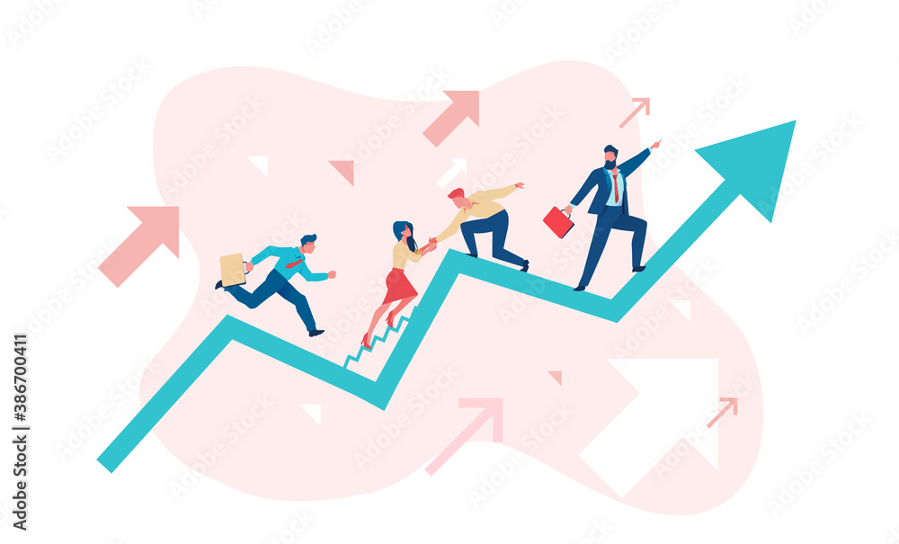 Fototapeta premium Businessmen are working their way up the sales schedule. Business opportunity concept. Teamwork metaphor. Flat vector illustration