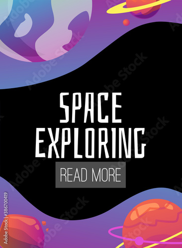 Fantasy space exploring videogame poster, flat cartoon vector illustration