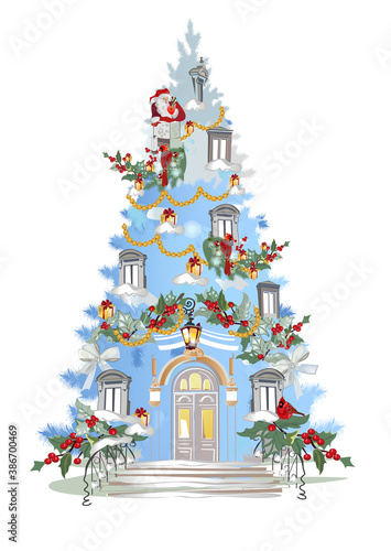 Abstract Christmas tree in the form of a house with windows and an entrance  with decorations from red ribbons, golden beads and birds. Christmas decoration card. 