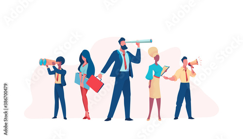 Business team looks around through spyglass, speaks into loudspeaker. Teamwork concept. Business opportunity search metaphor. Flat vector illustration