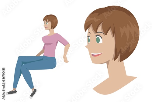 Short haired woman sitting on invisible object. She's wearing skinny jeans, pink shirt and sneakers.