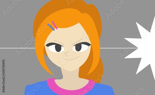 Cunning woman planning her next move. She has a devious smile and penetrating gaze. She has lots of mischief ideas. Her hair is red like a fox. She's wearing pink and blue clothes and two hairpins.