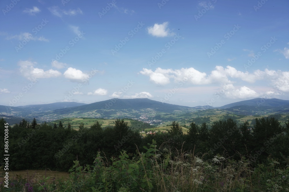 July in the Beskids, view from a mountain meadow to the valley