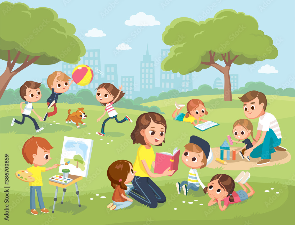 Parents with kids at the park. Mum reading book to children. Boy drawing the watercolor. Teacher reading book to children. Daddy playing with daughter.